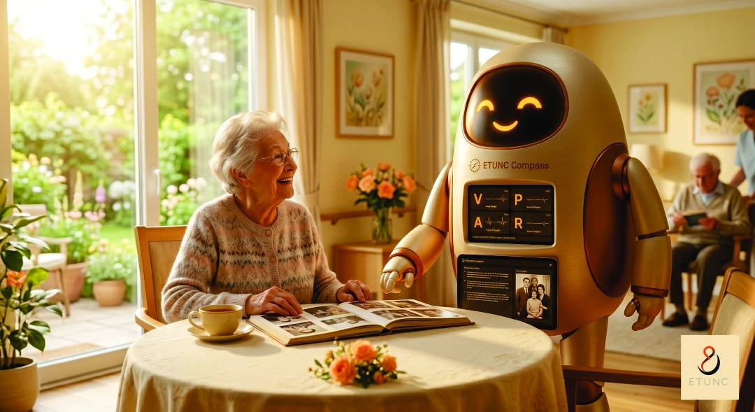 The ETUNC Compass Guardian Companion in a warmly decorated memory care common room, gently drawing an elderly woman's attention to a photograph in an open album — morning light through a garden window, a moment of delighted recognition between them.