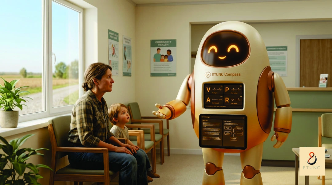 The ETUNC Compass Guardian Companion in a small rural health clinic, explaining a care pathway to a rural woman and her young child — clear afternoon light from large windows, quiet competence, access to sophisticated care navigation in an underserved place.