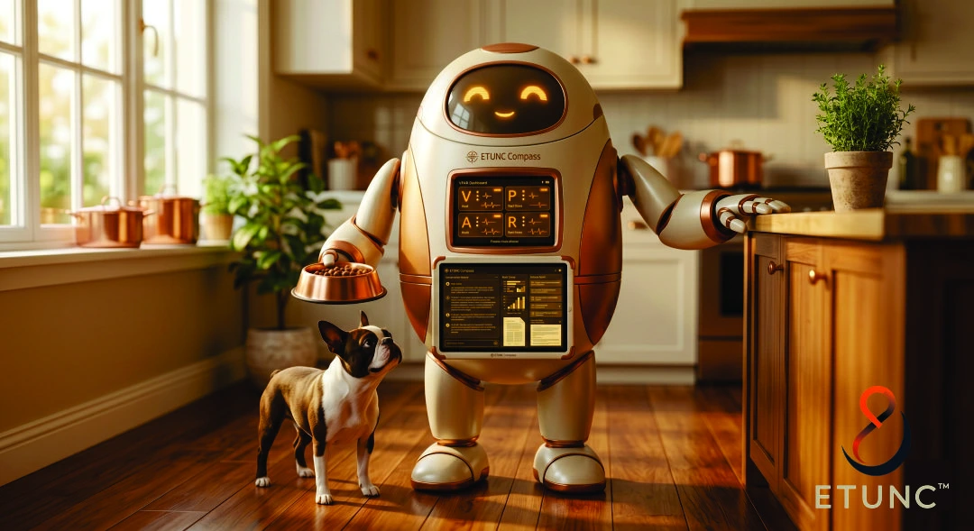 The ETUNC Compass Guardian Companion — a warm ivory and amber-gold bipedal robot in a morning kitchen, holding a pet food bowl for a Boston Bulldog, with live VPAR panels and ETUNC Compass logo visible on the torso.
