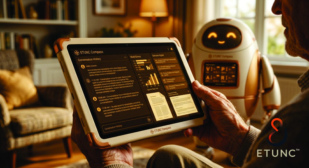 ETUNC Compass Guardian Companion — front-facing character reference showing 10-inch VPAR chest panel, 12-inch detachable tablet, and ETUNC Compass logo in warm ivory and amber-gold.